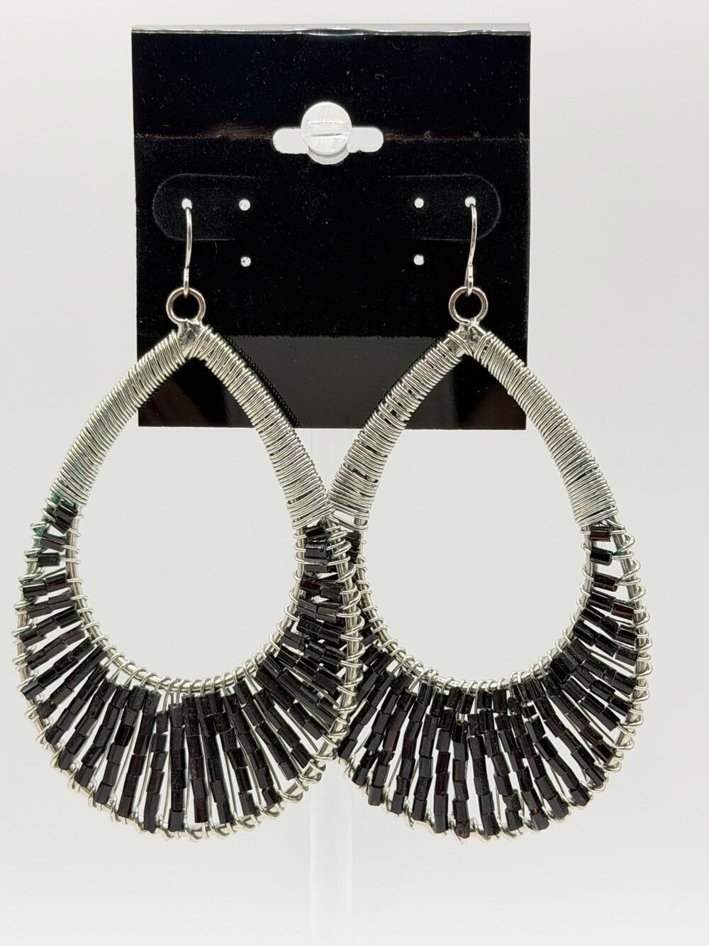 Black Beaded Teardrop Statement Earrings | Silver Tone | Boho